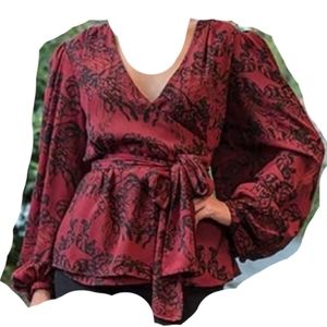 Georgette Wrap Top in Oxblood Gorgon Print by Natalie Hall - 2X la femme en noir